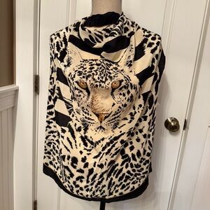 GANT GAITHER SCARF LARGE RECTANGLE BLACK CREAM GOLD CAT LEOPARD ANIMAL PRINT